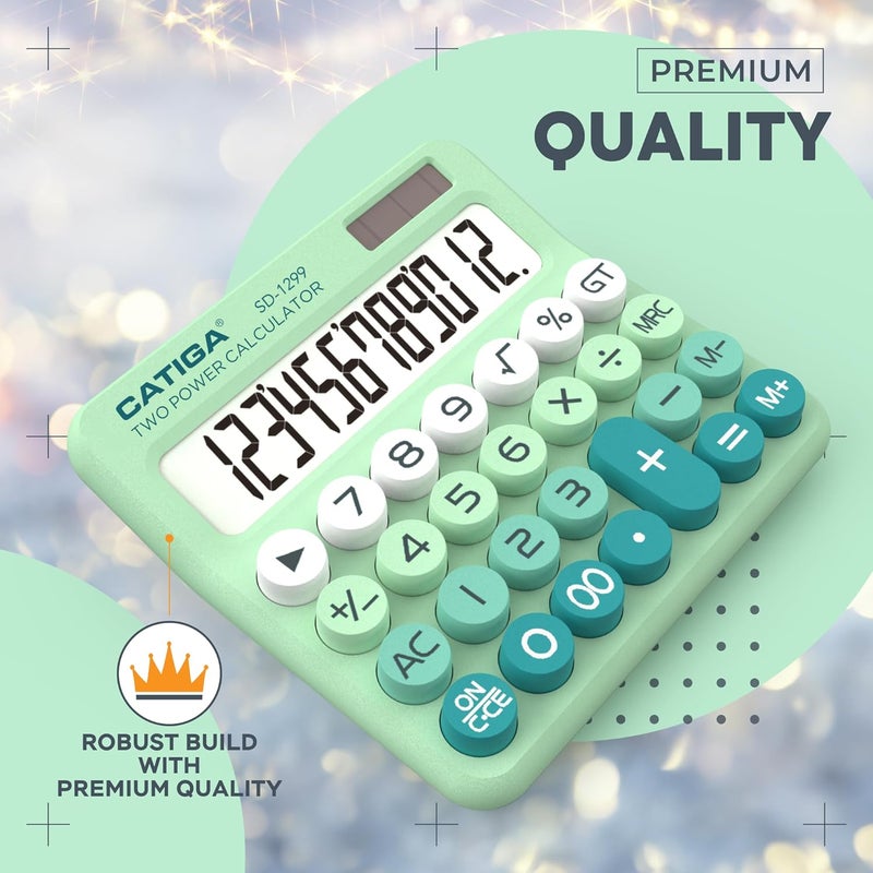 CATIGA Mechanical Switch Calculator with Solar and Battery Dual Power, 12-Digit Large LCD Display, Aesthetic and Cute Desktop Calculator with Big Button, for Home, School and Office Use, SD-1299 - Image 2